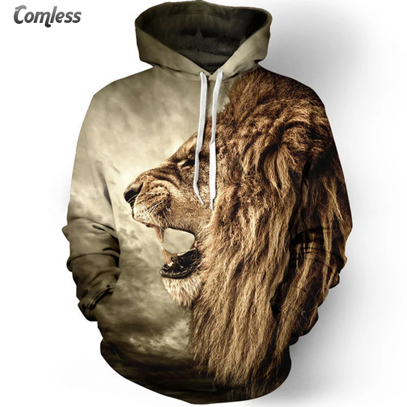 Новинка 2016 модные мужские толстовки с капюшоном и принтом льва повседневные худи
