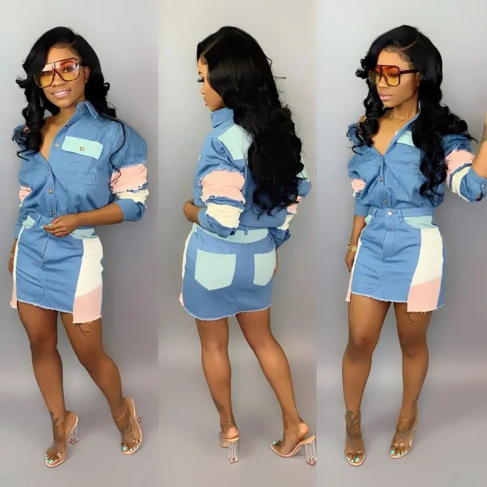 

Color Patchwork Denim Skirt Suit Long Sleeve Turn-down Collar Single-breasted Buckle Top + Package-hip Mini Skirt Summer Outfits