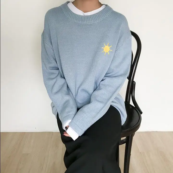 Небесно-голубой Женские повседневные свитера, японский Kawaii Ulzzang Cloud Sun, мультяшный пуловер, Женская Корейская одежда Harajuku для женщин - Цвет: Небесно-голубой