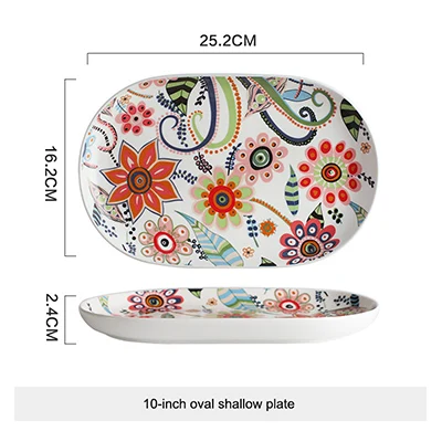 10-inch oval plate EECAMAIL богемный этнический стиль цветы матовая глазурь костяного фарфора тарелка чаша для риса керамическая Бытовая блюда для бифштекса блюдо европейский стиль - Цвет: 10-inch oval plate