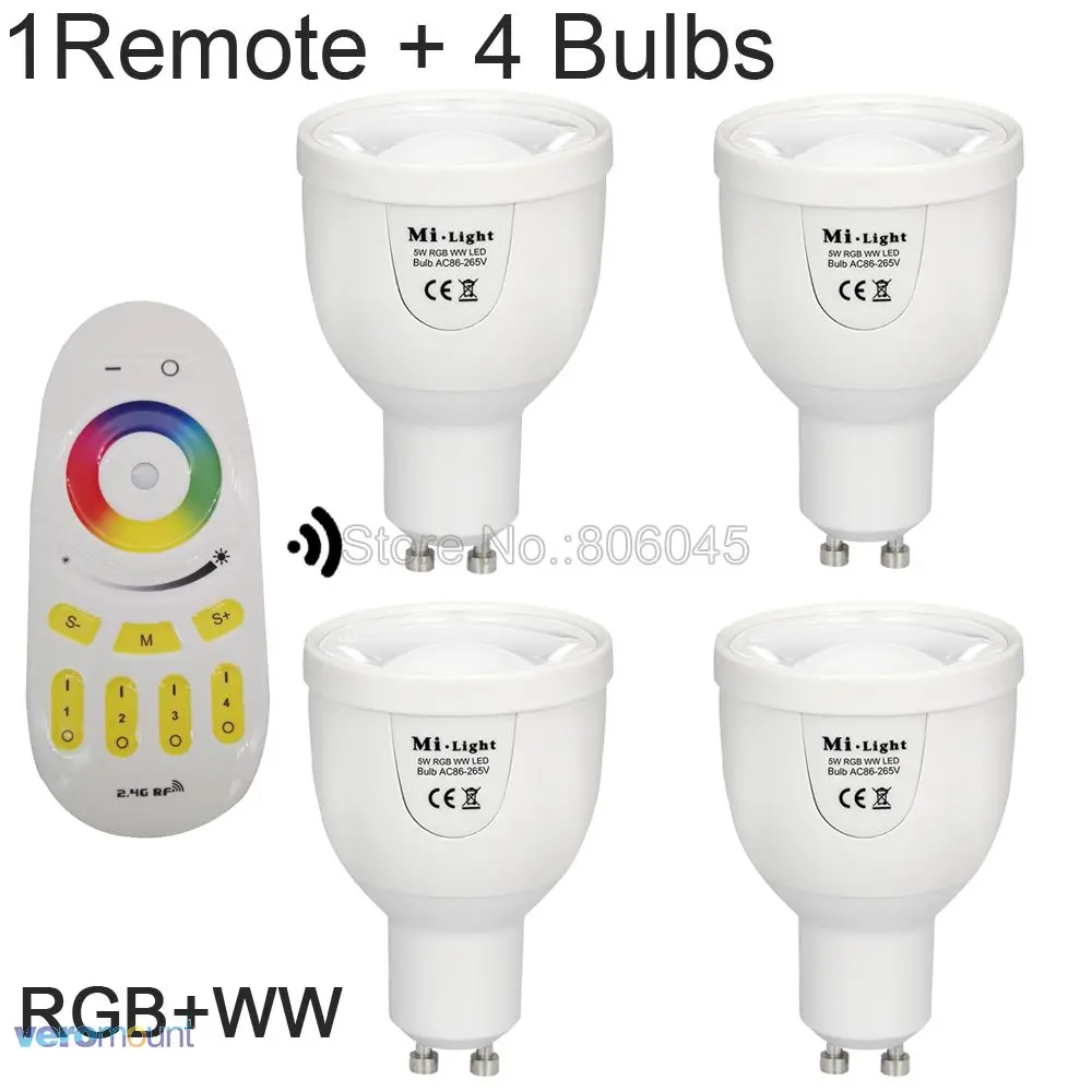 1Remote 4Bulb WW AC86-260V 2,4G GU10 5W RGBCW или RGBWW WiFi Светодиодный точечный светильник Milight FUT018 2,4G беспроводной пульт дистанционного управления/управление через WiFi - Испускаемый цвет: 1Remote 4Bulb WW