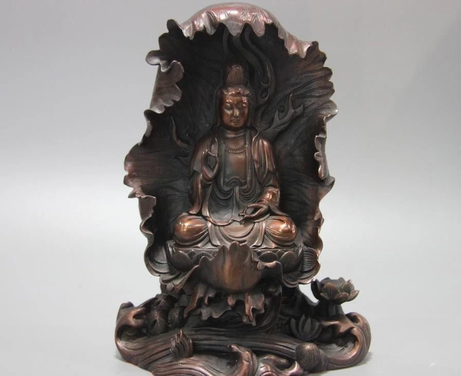 Китайский буддийский из бронзы медный лист лотоса Kwan-yin статуя Бодхисаттвы