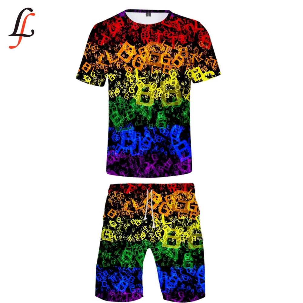 

LGBT 3D Print 2019 New Casual Cool Man 2 Set Summer Popular Hip Hop Fashion High Street T-shirt Shirt+Short Pants Sets