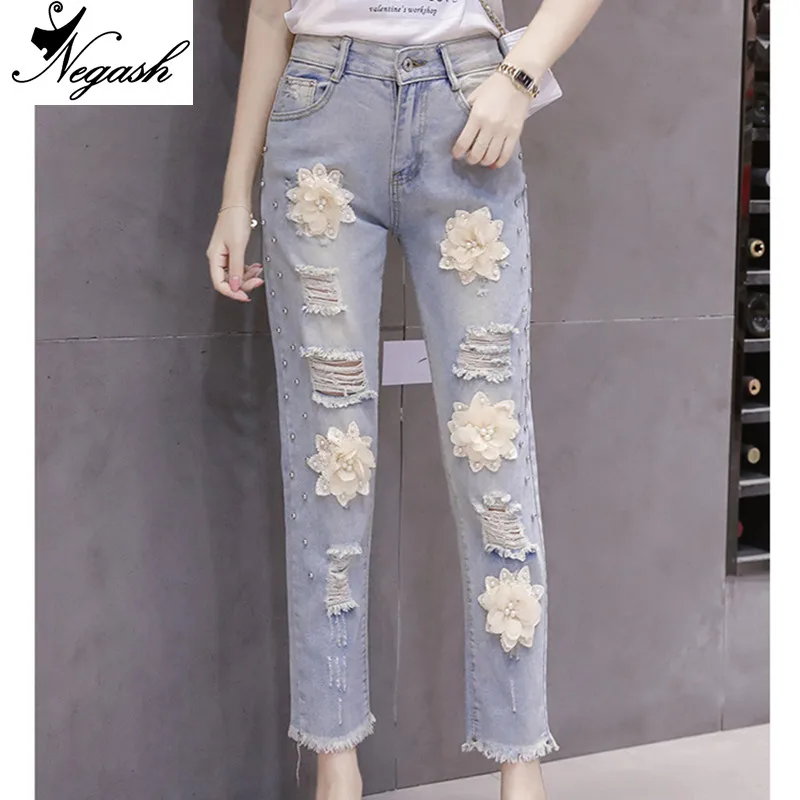 Новинка 2018 роскошные рваные женские джинсы Ретро стиль вышивка бисером 3D