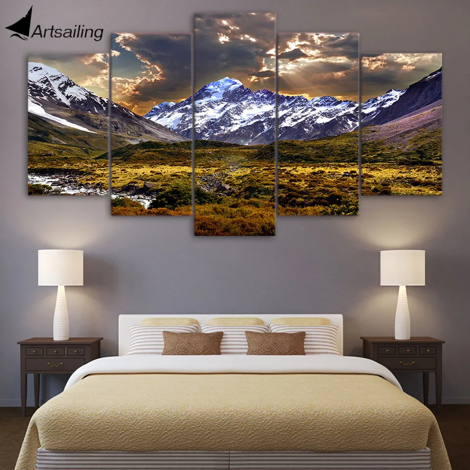

Canvas Wall Art 5 Piece Ice Mountain Posters and Prints Painting Grassland Landscape Picture for Living Room Home Decor ny-6518
