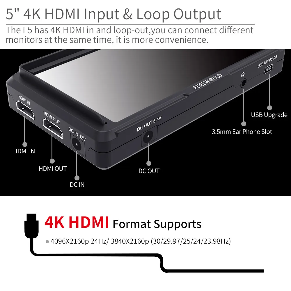 Монитор для камеры FEELWORLD F5 5 дюймов Full HD 1920x1080 IPS 4K HDMI 8 4 в DC |