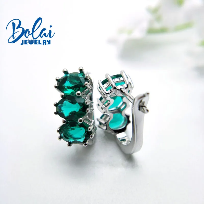 Серьги-пусеты Bolai 3 камня нано-изумруд из серебра 925 пробы драгоценный камень