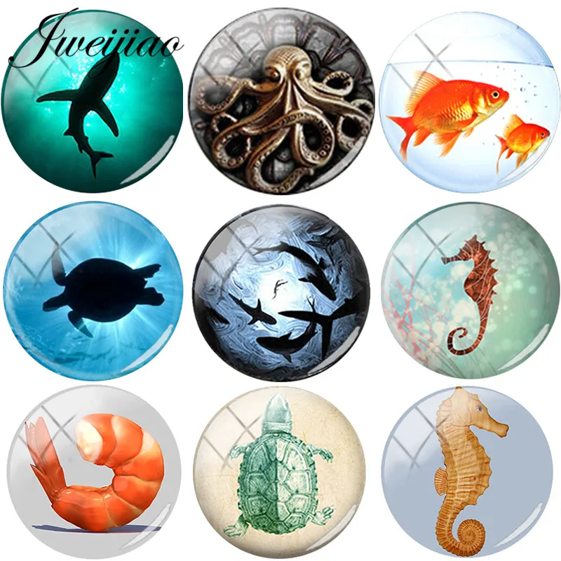 

JWEIJIAO Marine Life Glass Cabochon Dome Ocean Sea Animal Art Shark Crab Octopus Turtle Fish Charms DIY Jewelry Findings
