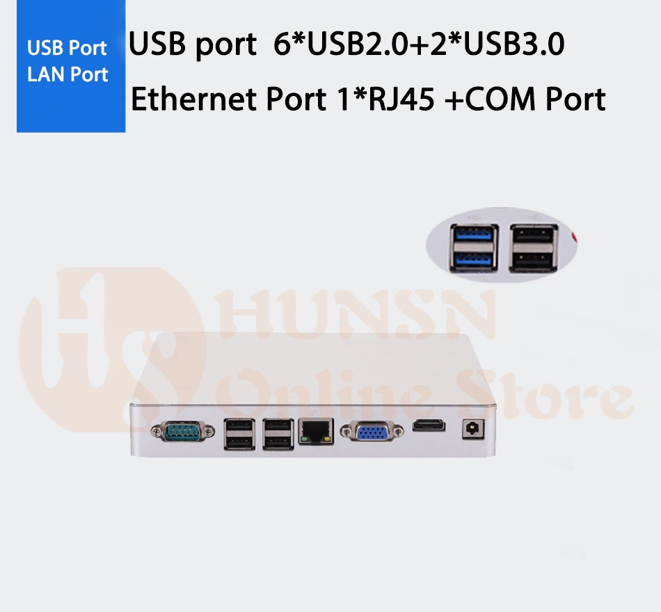 Безвентиляторный мини-ПК, настольный компьютер, черный, Intel Celeron J1800, Windows 10/Ubuntu, [HUNSN BH08SL],(COM/VGA/HD/LAN/6USB2. 0/2USB3. 0