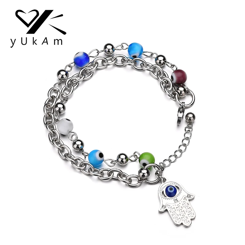 Двухслойный турецкий браслет Hamsa из нержавеющей стали YUKAM на удачу с изображением