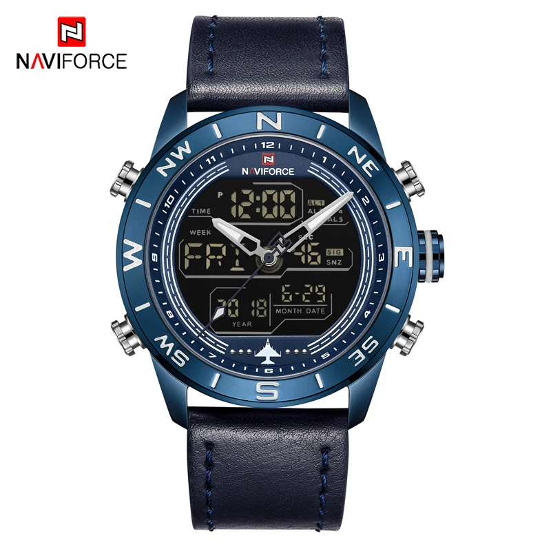 NAVIFORCE 9144 Модные мужские синие кожаные спортивные часы s светодиодный аналоговые