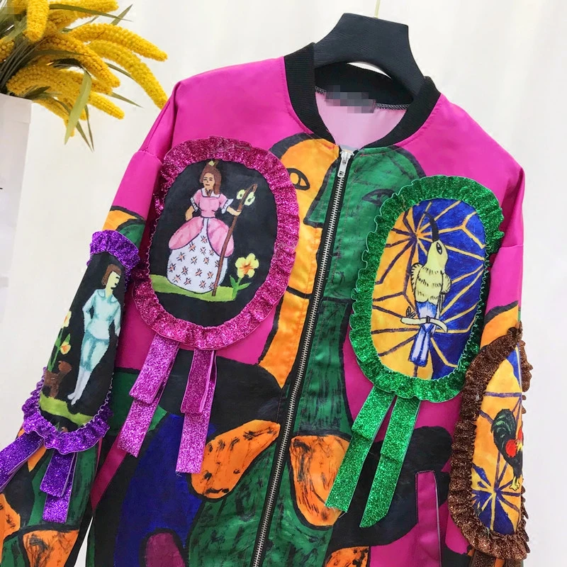 Куртка-бомбер с блестками, Женская куртка-пилот Harajuku, пальто, повседневная бейсбольная куртка с принтом