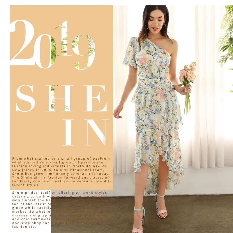 SHEIN Асимметричное Платье С Оборкой И Цветочным Принтом Гламурное Асимметричное Платье С Рюшами Цветочные Платья С Одним Плечом