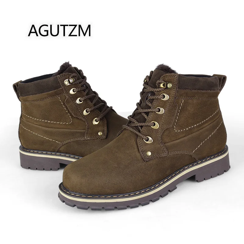 AGUTZM 8988 Fashion Lace Up 100% Genuine Leather Men's Winter Boots Soft Cow Warm Plush Ankle Plus Size : 37-50 |