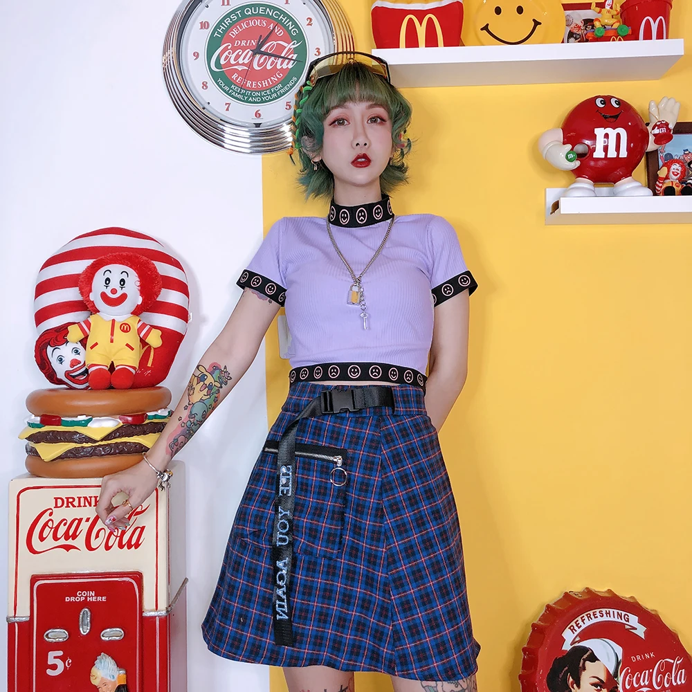 Harajuku/фиолетовый топ со смайликом для девочек, тонкий короткий воротник, тонкая футболка