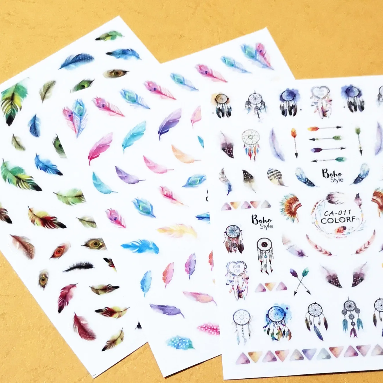 

Newest CA series 9 10 11 feather design 3d nail sticker back glue nail decal decorations for nail tips