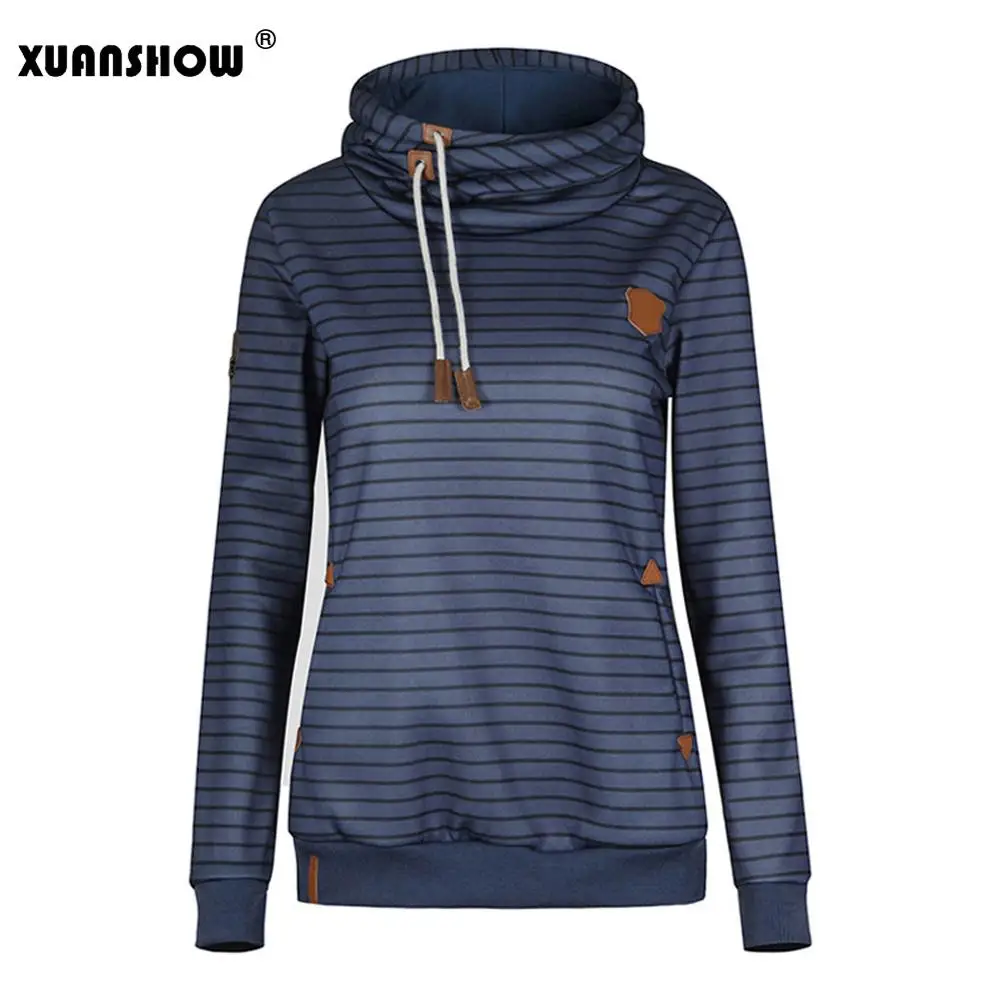 Navy Blue XUANSHOW, модные зимние осенние Флисовые женские толстовки, теплые полосатые пуловеры с длинным рукавом для девочек, толстовка, Sudadera Mujer - Цвет: Navy Blue