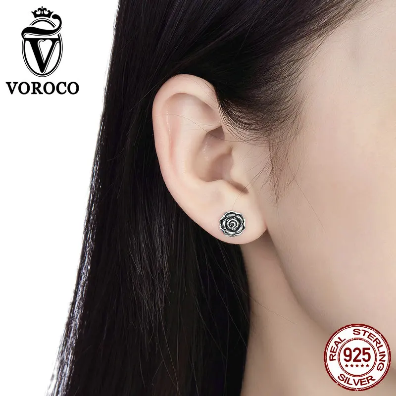 VOROCO, 925 пробы, серебряные серьги, Винтажные серьги-гвоздики в виде цветка розы для женщин, трендовые Свадебные Роскошные ювелирные изделия, подарок VSE024