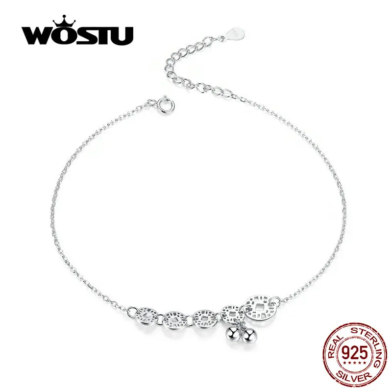 WOSTU круглая монета с шариком, цепочка на ногу, 925 пробы, серебряный браслет из бисера, для женщин, для ног, модные ювелирные изделия CQT006