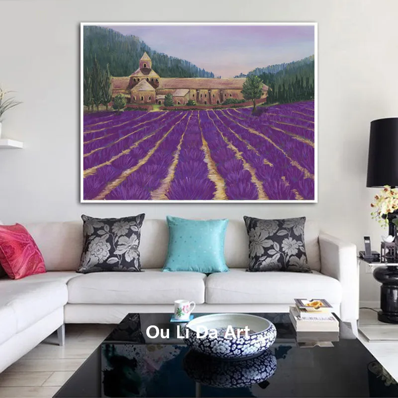 Средиземноморское фиолетовое лавандовое поле домик Печать на холсте Масляные