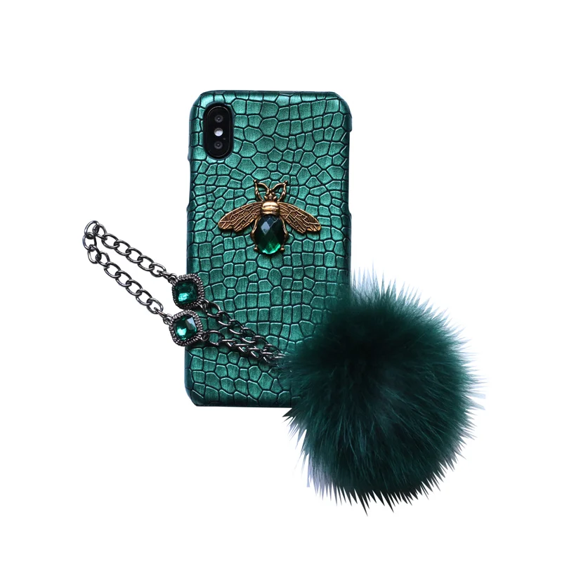 

Aoweziic European style crocodile pattern luxury bee gemstone bracelet for iPhone X XS MAX XR phone case hair ball 6S 7 8plus