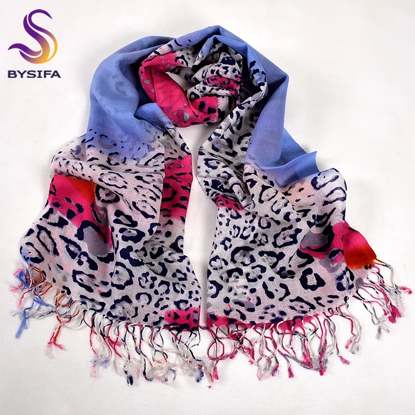 

[BYSIFA] Leopard Print 100% Wool Scarves Wraps Women Winter Blue Pink Long Scarves Pashmina New Style Brand Tassel Scarf Shawl