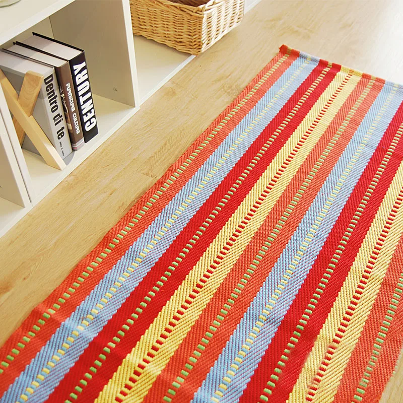 Nordic Literary Art Gray white Plaid Small Area Rug Grid Handmade Cotton Carpet Entry Door Balcony Bedroom Bedside Stripe Mat | Дом и сад