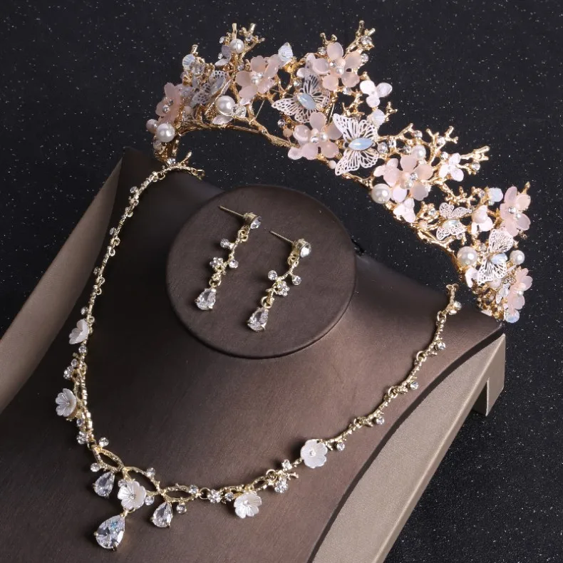 3Pcs Jewelry Set Барокко Золотая Бабочка Кристалл костюм Ювелирные наборы стразы колье Ожерелье Серьги Тиара Свадебный женский свадебный комплект ювелирных изделий - Окраска металла: 3Pcs Jewelry Set