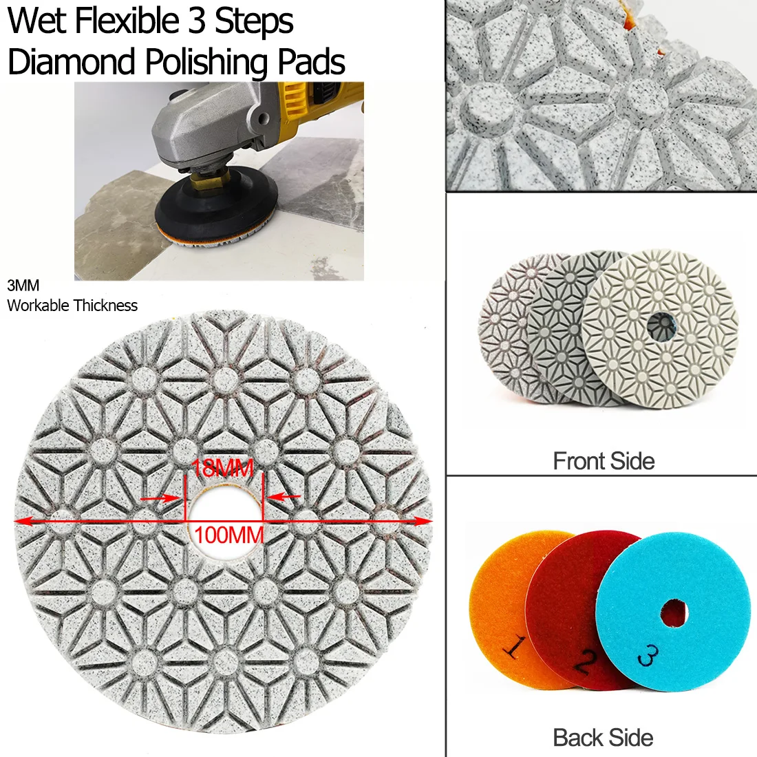 SHDIATOOL 5sets Dia 100mm/4in 3 Steps Diamond Polishing Pads Resin Bond Flexible Sanding Discs Wet Polishing For Stone Marble