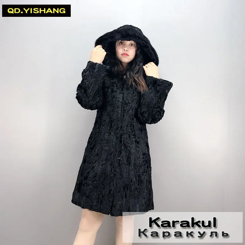 Черный Натуральное меховое пальто Karakul, меховое пальто с капюшоном, длинное женское зимнее пальто QD. YISHANG - Цвет: Черный