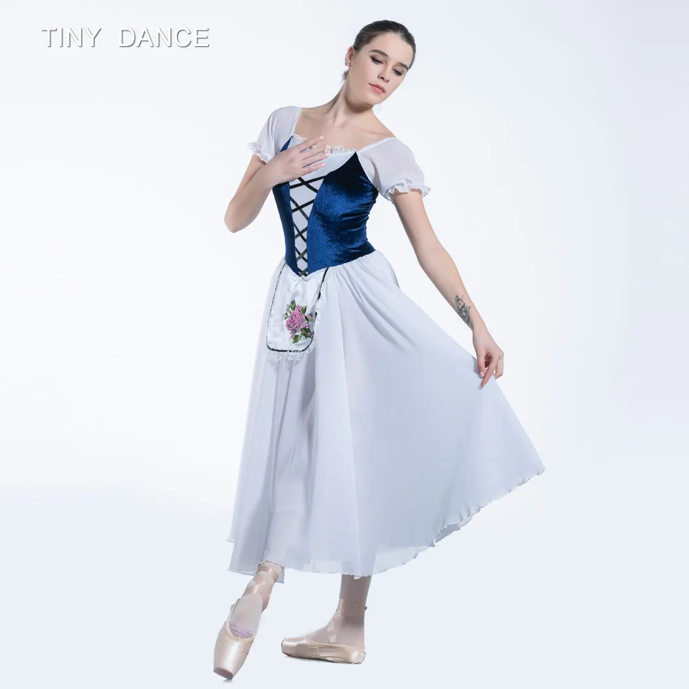 Short Sleeve Dance Costume Navy Blue Bodice and White Chiffon Long Dress for Ballet Dancing Dresses Performance Costumes 19233 |