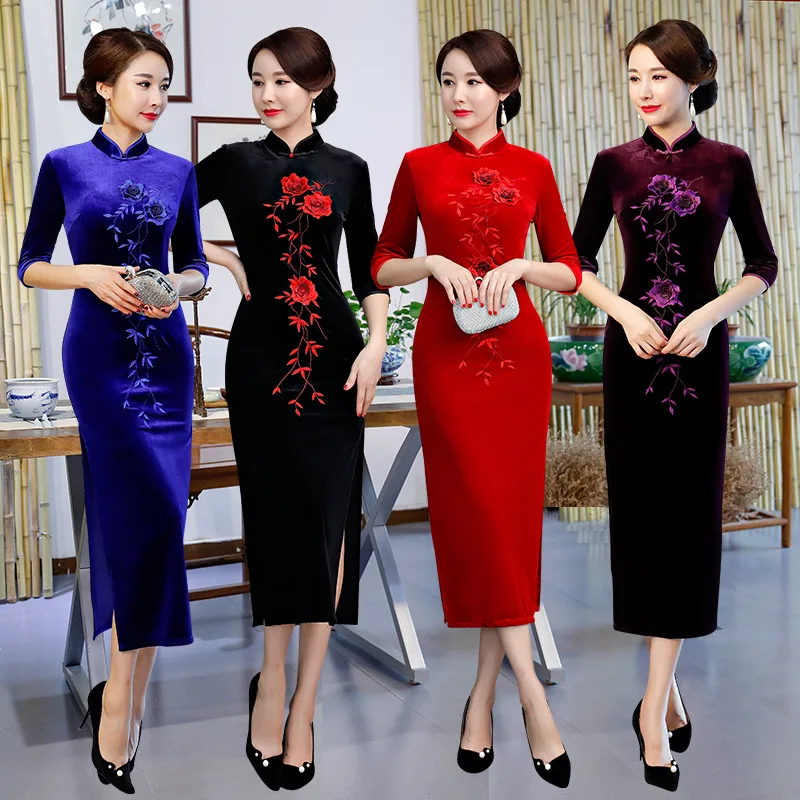 S-5XL велюр Cheongsam Весна Традиционный китайский стиль длинное платье женские воротник-стойка Qipao тонкий Платья для вечеринок Vestido