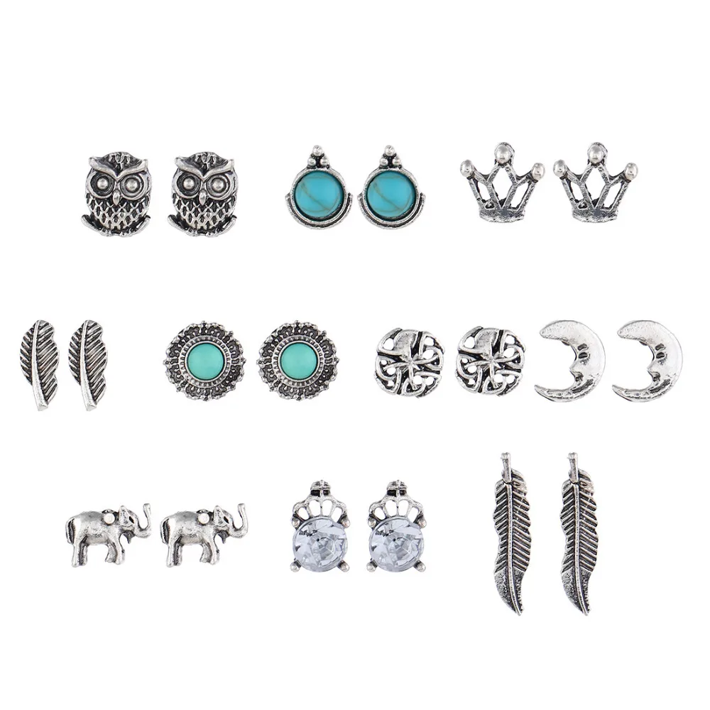 8Seasons Vintage Animals Owl Elephant Leaf Geometric Stud Earrings For Women Metal Hollow Out Fashion Jewelry Gifts 10 PCs/Set | Украшения