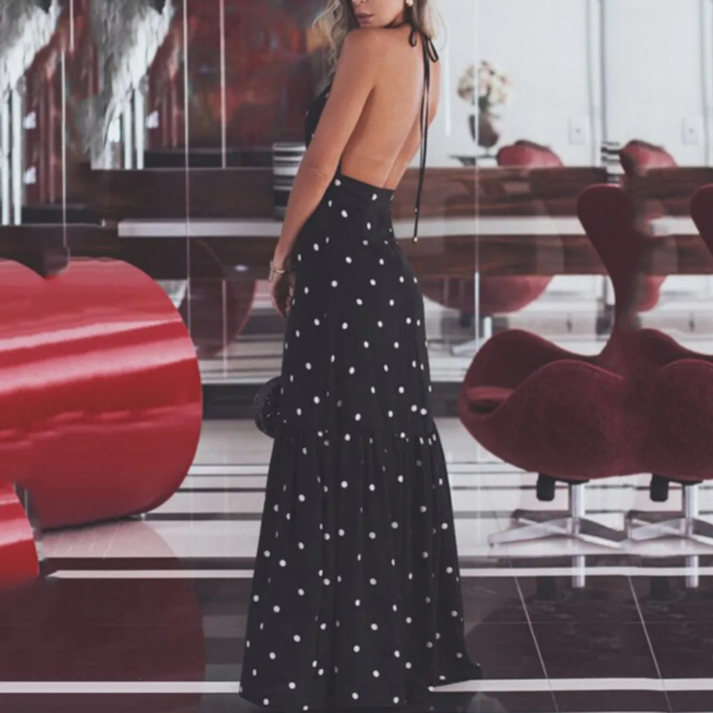 Платье женское длинное с принтом в горошек вечерний Макси Сарафан стиле бохо без