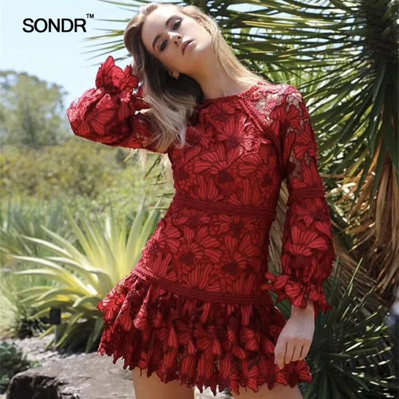 

SONDR Vintage Red Lace Dress Female Puff Long Sleeve High Waist Hollow Out Women's Dresses Elegant Fashion 2018 Spring Summer