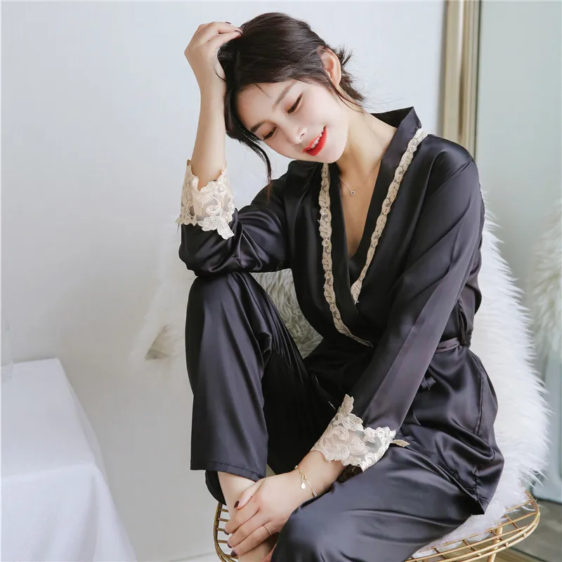 Осенняя Шелковая пижама женская зимняя рубашка с длинными рукавами из ледяного