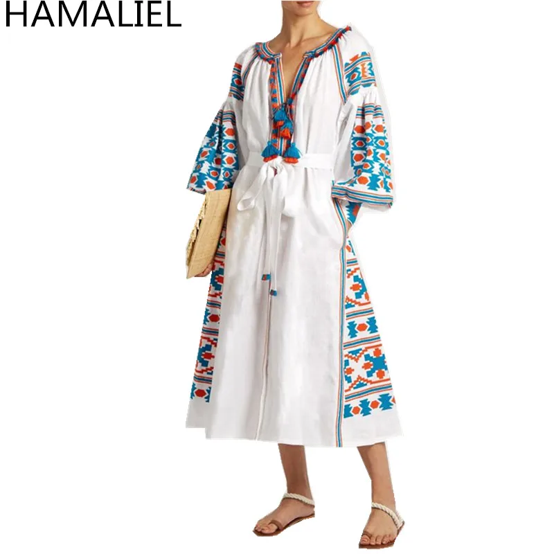HAMALIEL высокое качество Подиум Boho Макси женское платье 2018 Лето Хлопок и лен вышивка