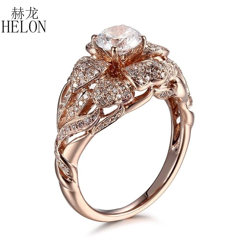 HELON Solid 14 K(AU585) цветок из розового золота Форма Круглый 5,5 мм натуральный белый топаз женское кольцо для помолвки бриллианты кольцо ювелирные изделия