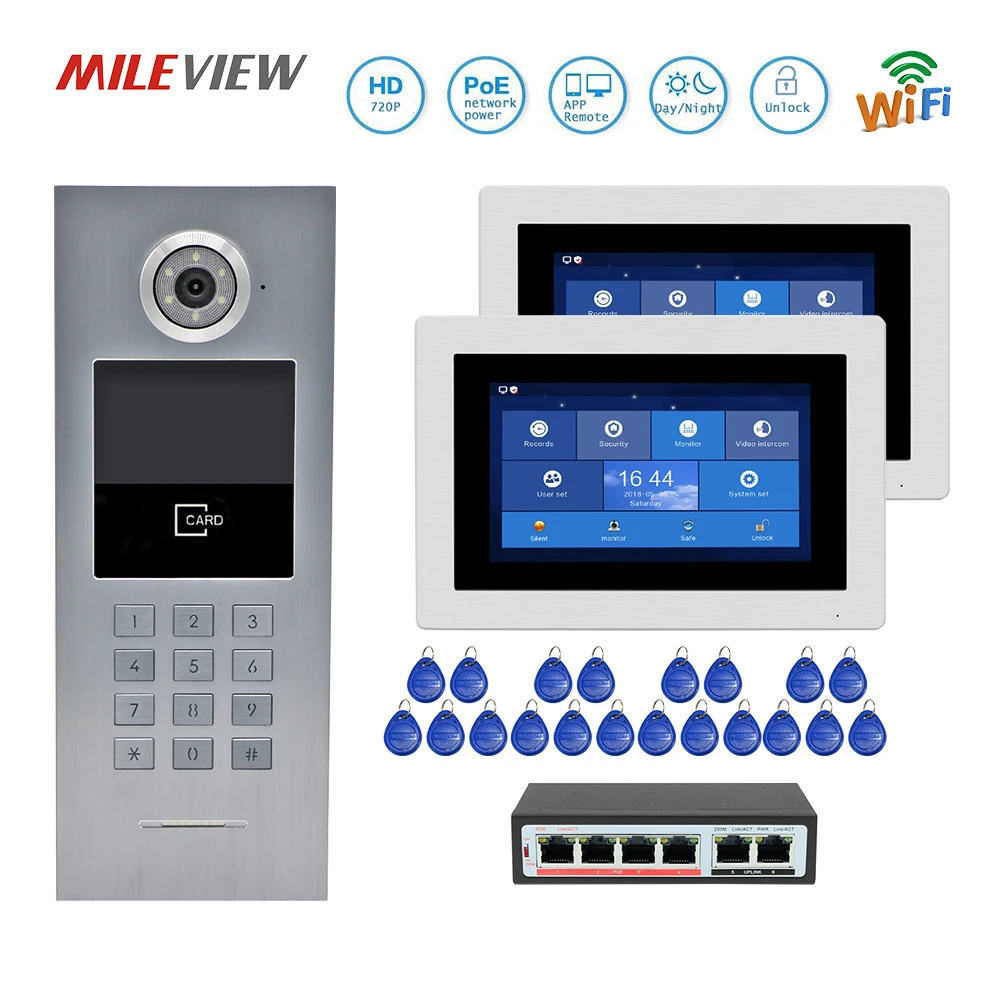 

Бесплатная доставка 2 квартиры POE 720P IP Wifi 7-дюймовый сенсорный экран запись видео домофон дверной телефон кодовая Клавиатура RFID наружная кам...