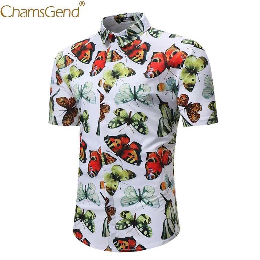 Brand New Men Fashoin Butterfly Print Fancy Blouse Summer Turn Down Collar Short Sleeve Slim Fit Man Tee Shirt #801 | Мужская одежда