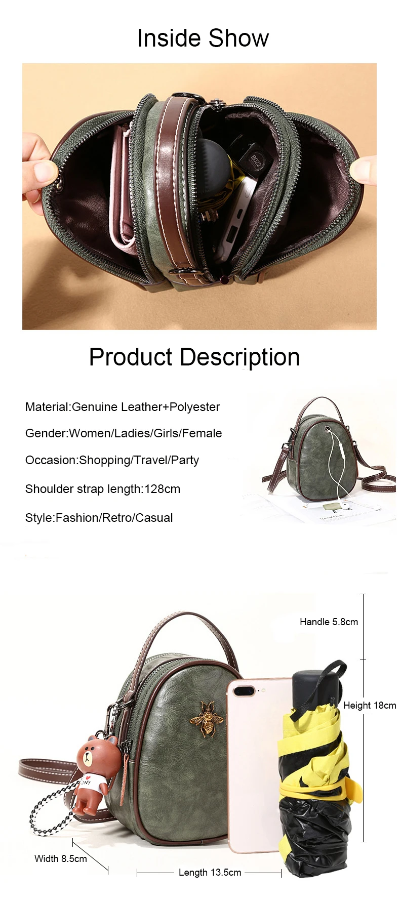 Women Bags Genuine Leather Shoulder Bag Crossbody Famous Brand Tote Handbag Cute Small Fashion Shopping Bag with Bear Pendant
