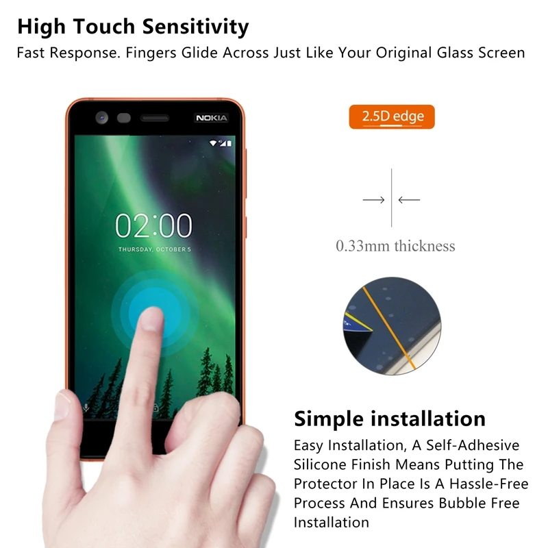 Полное покрытие закаленного стекла для Nokia 2, защитная пленка для экрана 5,0 дюймов, электропокрытие.