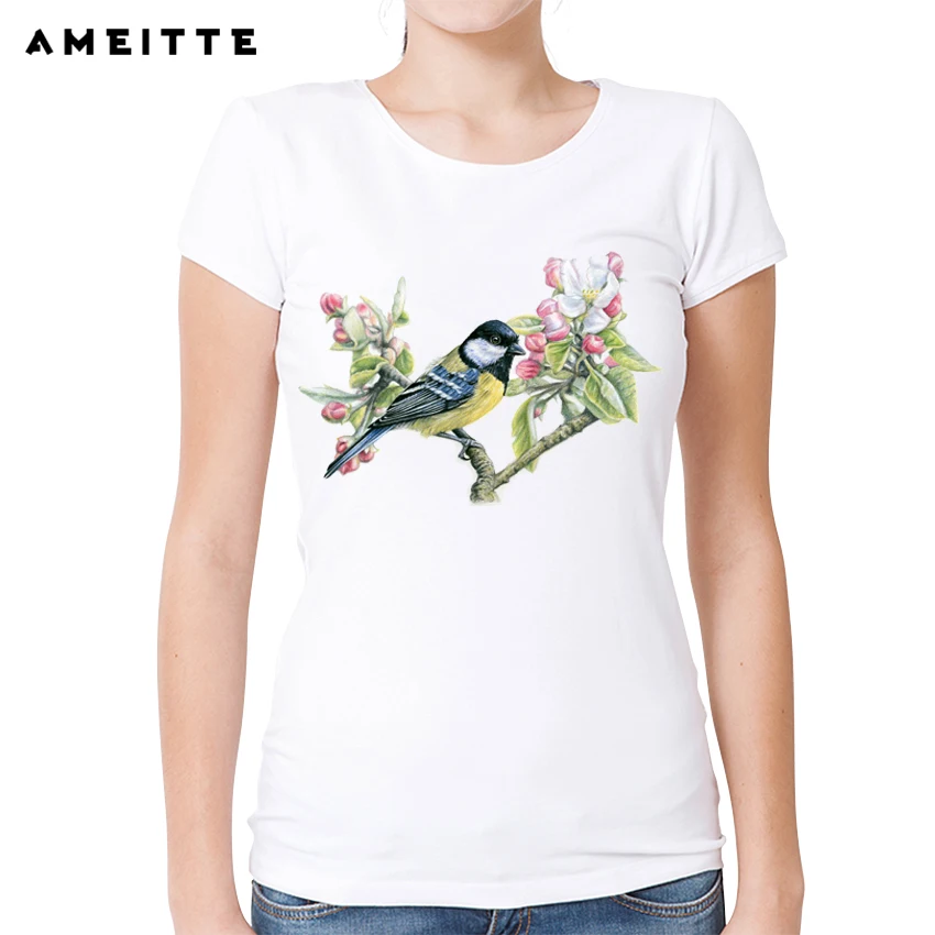 Женская футболка с принтом в виде птиц AMEITTE Tit and Apple Blossom летняя коротким рукавом