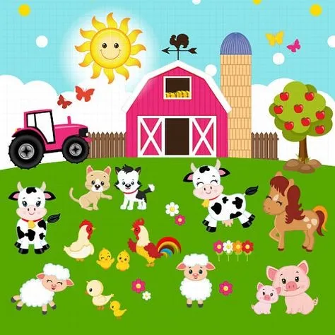 Farm Barn Sun Apple Tree Pig Cow Sheep Fence Butterfly Sun background   Computer print children kids backdrops