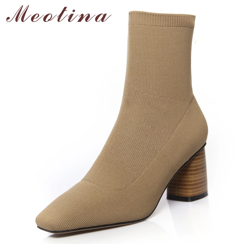 

Meotina Women Ankle Boots Autumn Shoes Stretch Chunky High Heels Sock Boots Fashion Square Toe Short Boots Ladies Big Size 34-42