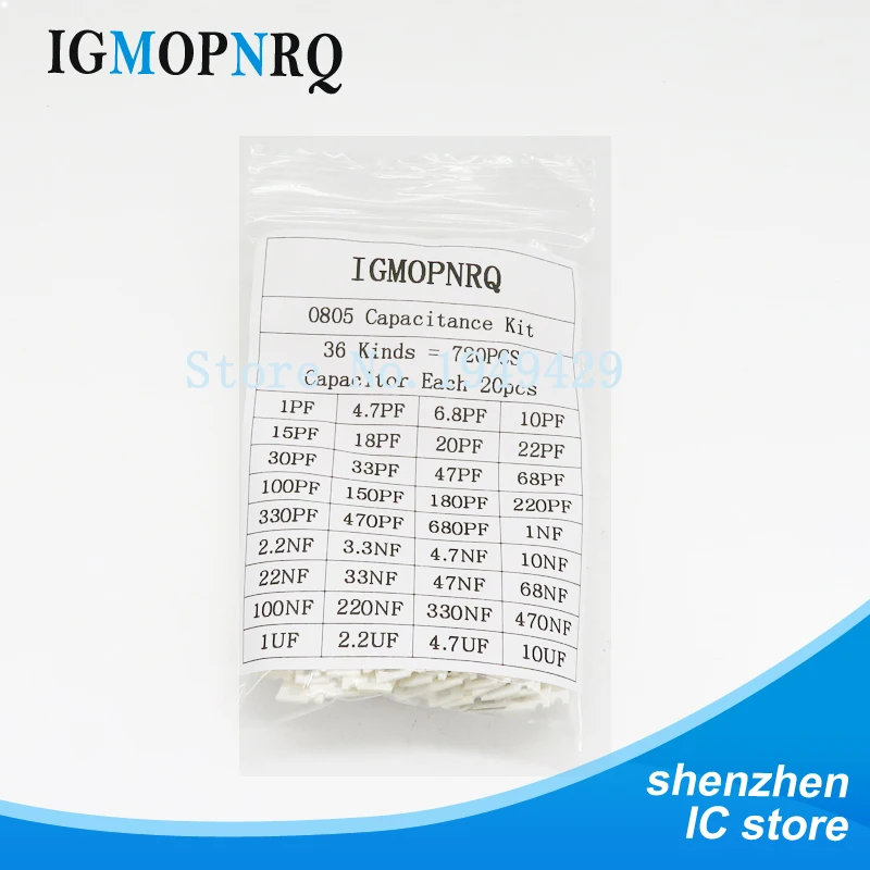 36 значений * 20 шт = 720 0805 SMD конденсатор Ассорти набор 1пф ~ 10 мкФ компонент diy Образцы