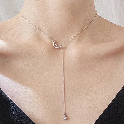 Луна звезды cz ожерелье женщины 100% 925 пробы серебро nacklace Ювелирное Украшение цепи