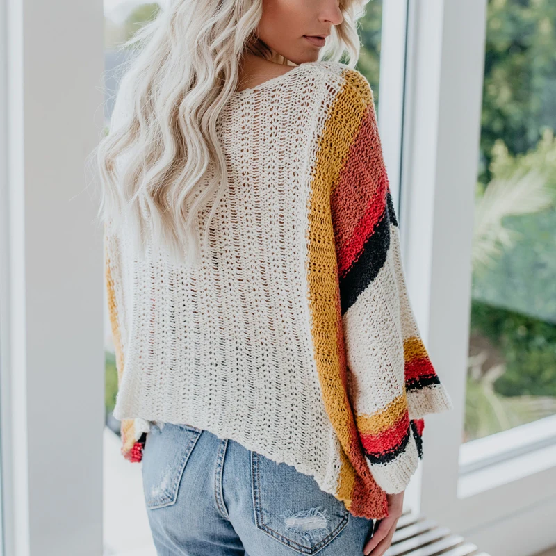 Newest Summer 2019 Rainbow Striped Sweaters Women Beach Cover Ups Autumn Fashion Oversized Loose Pullover Jumper Femme Knitwear | Женская