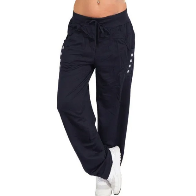 navy Blue Женские повседневные спортивные штаны больших размеров для фитнеса, мешковатые Широкие штаны, дамские штаны-шаровары с пуговицами на завязках, одноцветные брюки - Цвет: navy Blue