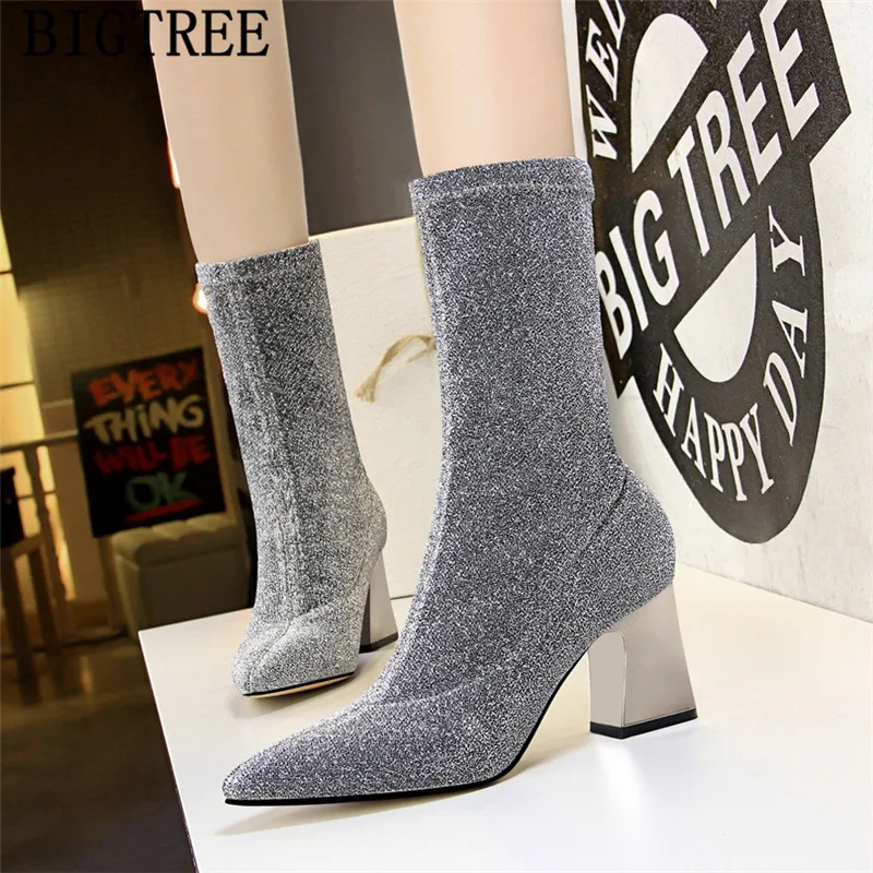 Ботинки с блестками на толстом каблуке черного цвета Женская обувь высокий